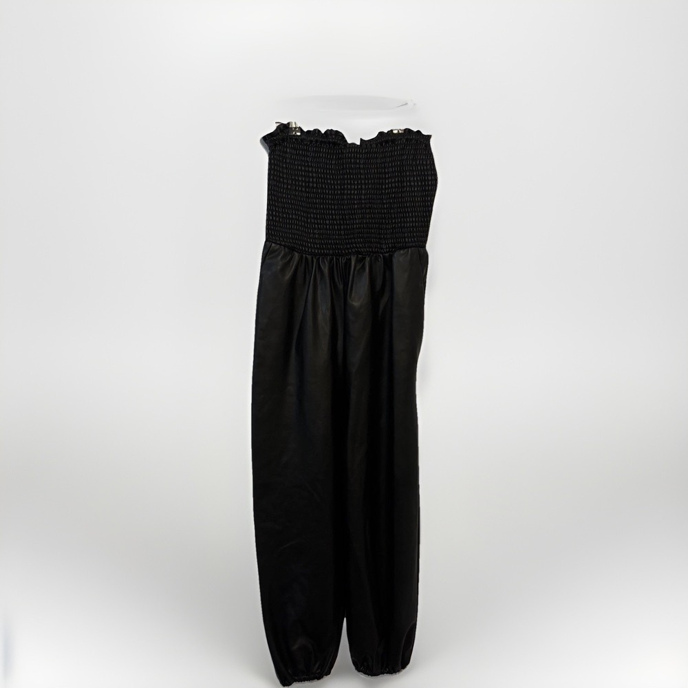 Anthropologie Faux Leather Balloon Jumpsuit Black Smocked Harem Strapless S